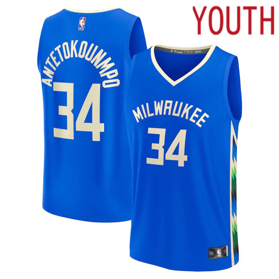 Youth Milwaukee Bucks #34 Giannis Antetokounmpo Fanatics Branded Royal City Edition 2022-23 Fastbreak NBA Jersey